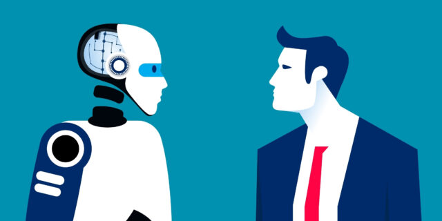 It is an illustration of a man in a suit facing a robot.
