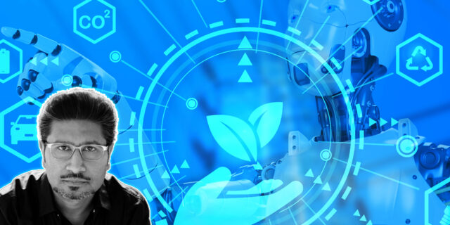 A black and white picture of Vikas Gupta sits in the bottom left corner. In the background, we see various illustrations against a shade of bright blue. Most prominently, a hand holding a holographic leaf is in the middle of the image.