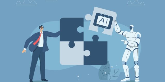 A four-piece puzzle in different shades of blue. A man and a robot build it together. On the right side, the robot adds the final piece to the top right corner.
