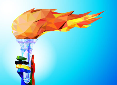 A multi-coloured illustration of the Olympic torch.
