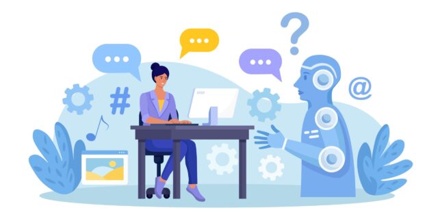 An illustration of a woman sitting at a desk with a computer. To her right, there is a large cartoon robot. The image is drawn in light blues and purples.