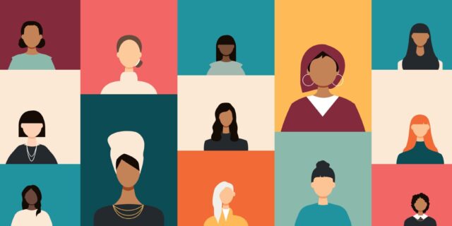 A colorful collage of diverse, illustrated female avatars, each in a separate rectangle with a unique background color. The avatars represent people of different skin tones, hairstyles, and clothing.