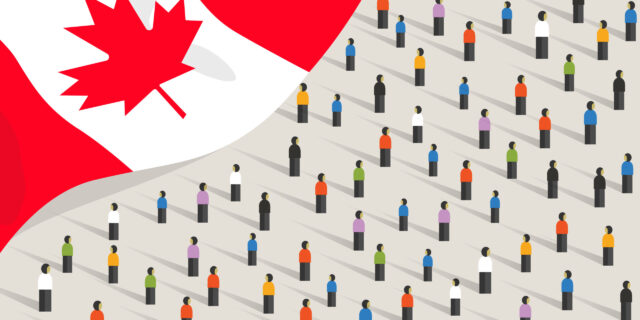 Illustration of diverse people figures standing apart on a light background, representing population or demographics, with a large Canadian flag featuring a red maple leaf in the top left corner.