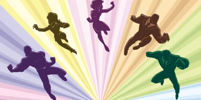 A group of superheroes fly off in a row of 5. They wear bright pastel colours, A symbol of human and technical skills integration.