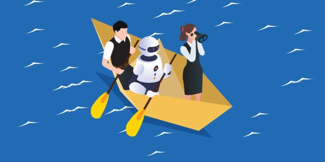 Two people paddle a boat while a robot sits in the middle seat. AI use in Canadian workplaces.